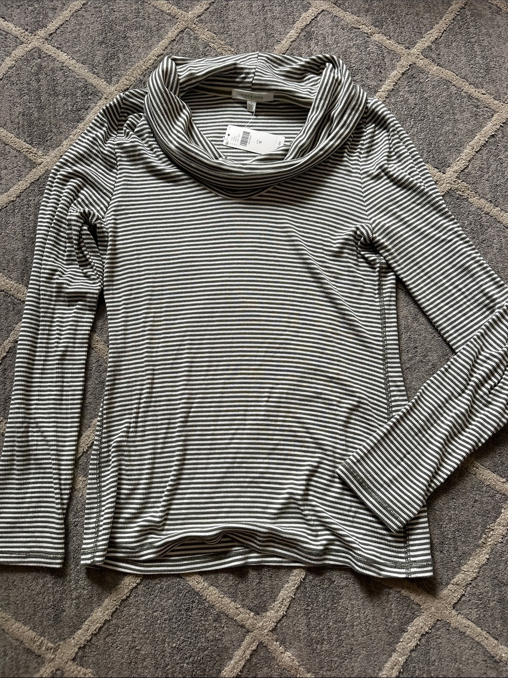 Anthropologie Gray and White Striped Cowl Neck Long-Sleeve Sweater